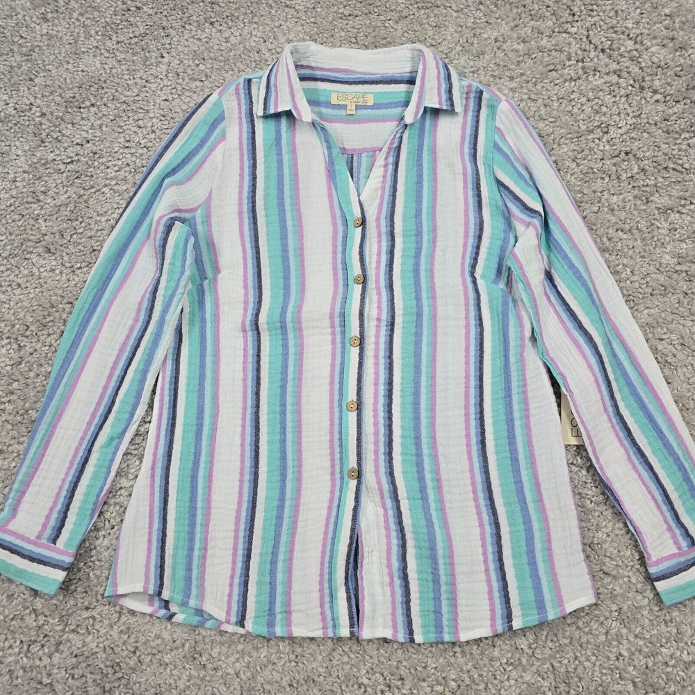 Escape by Habitat Women Striped Gauze Button Shirt Size S Coastal Casual